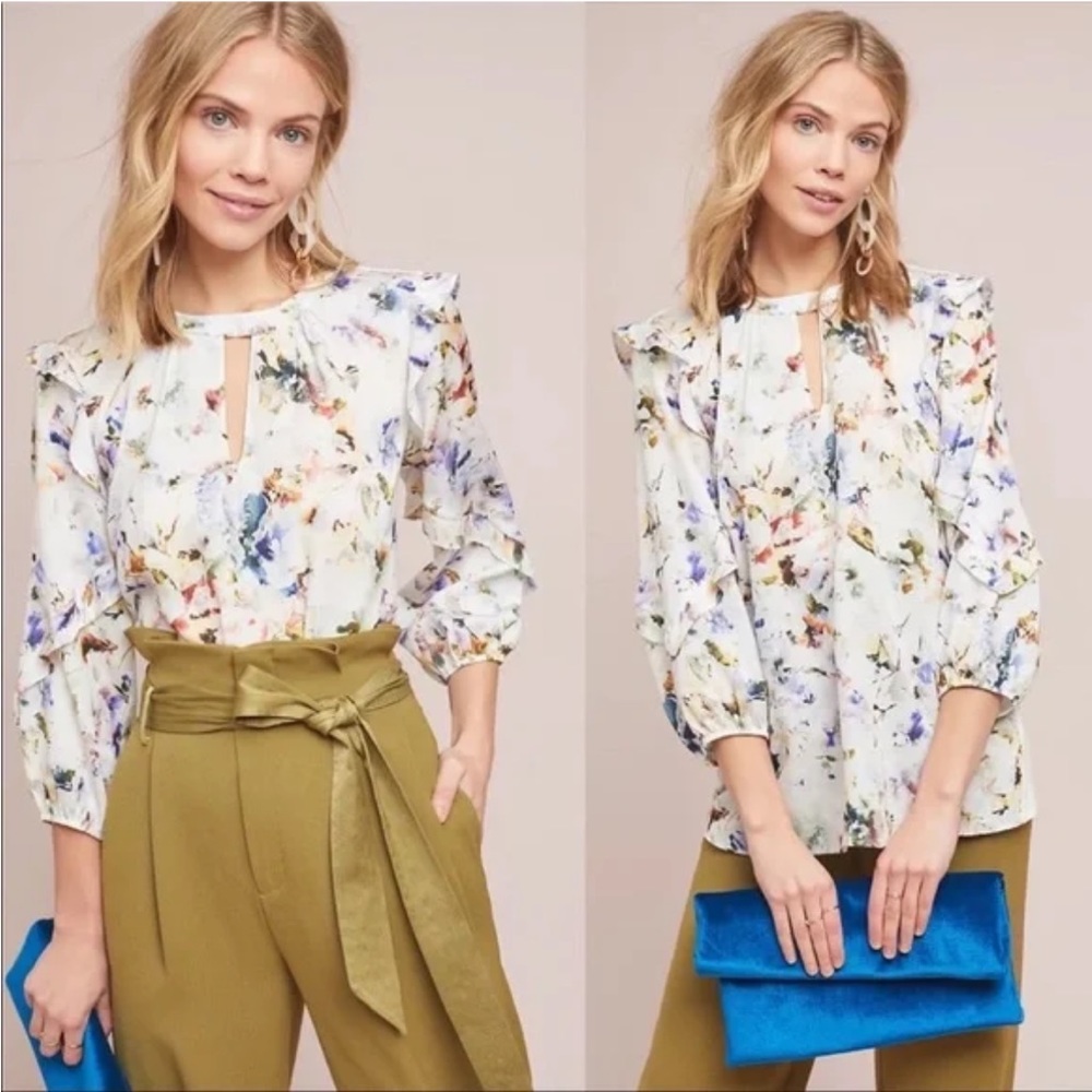 Anthropologie Dolan Araminta Watercolour Floral Ruffle Blouse Top